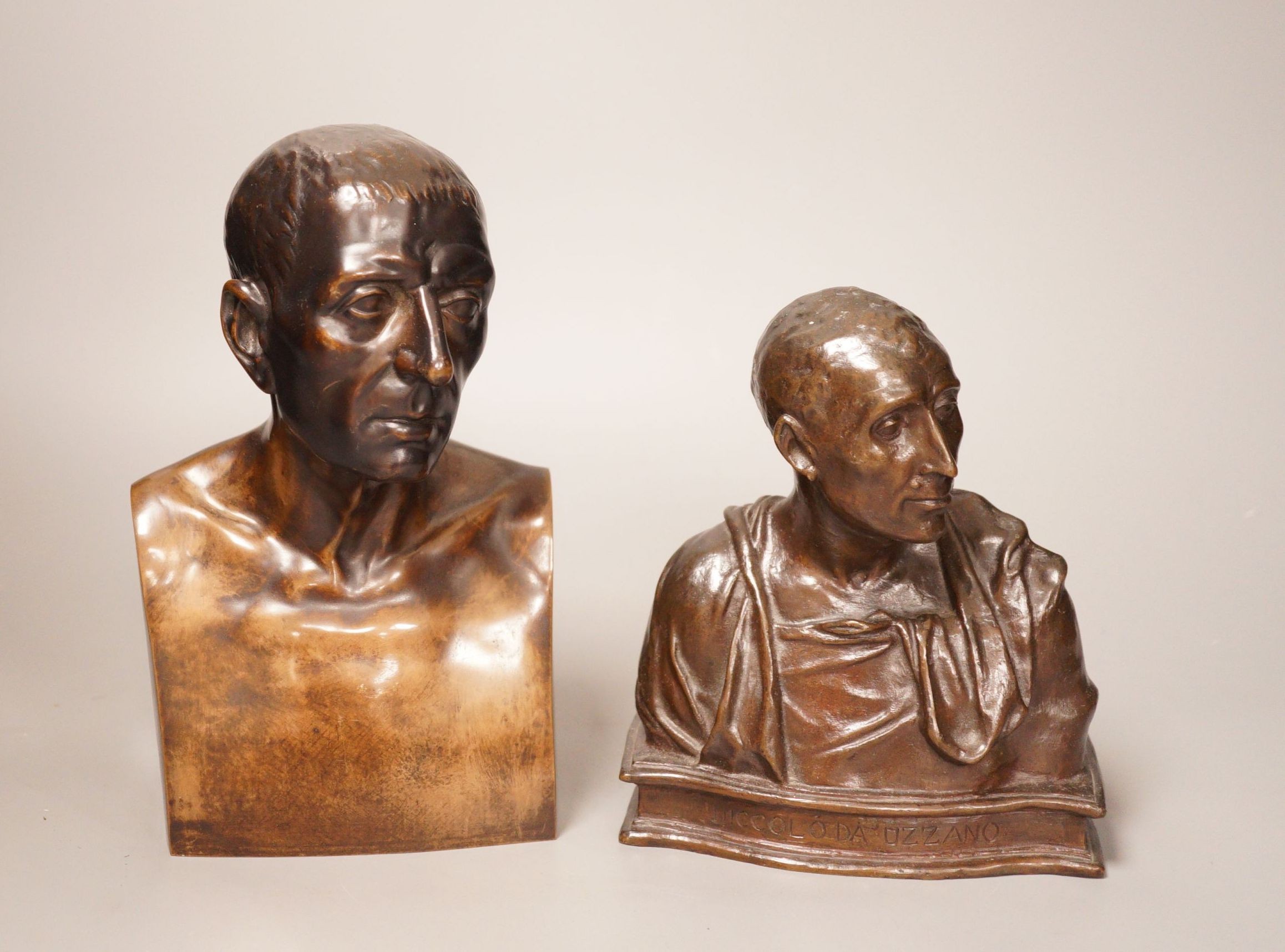 After Ferdinand Barbedienne, a bronze bust of a gent and another unsigned bronze bust of Niccolò da Uzzano, tallest 22cm